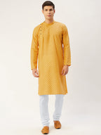 Jompers Men's Mustard Cotton printed kurta Pyjama Set | Grocsy