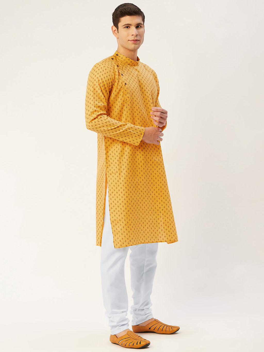Jompers Men's Mustard Cotton printed kurta Only | Grocsy