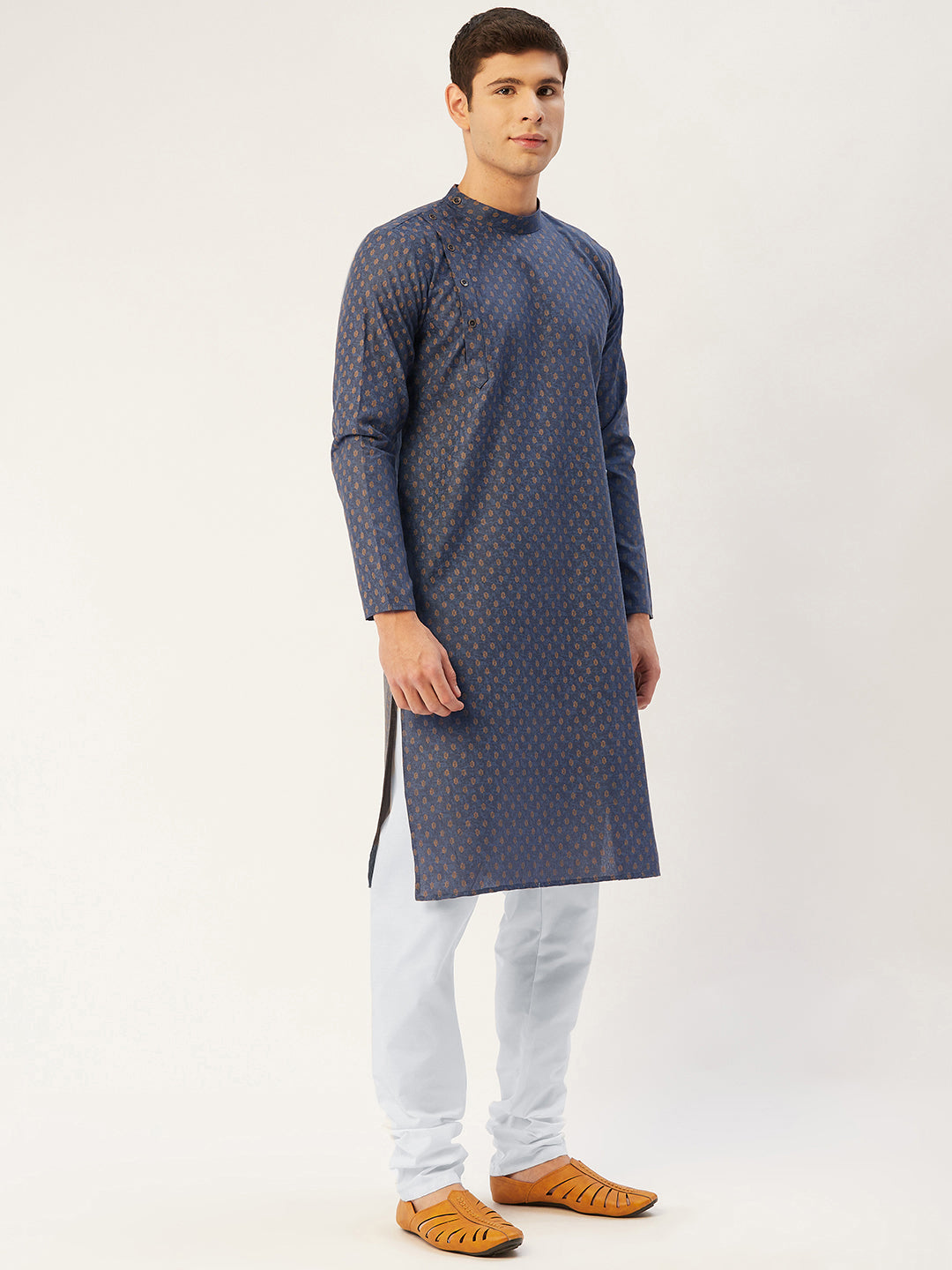 Jompers Men's Navy Cotton printed kurta Pyjama Set | Grocsy