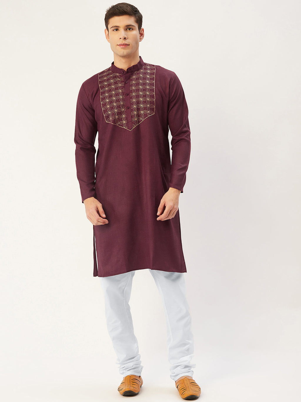 Jompers Men's Maroon Cotton Embroidered Kurta Only | Grocsy