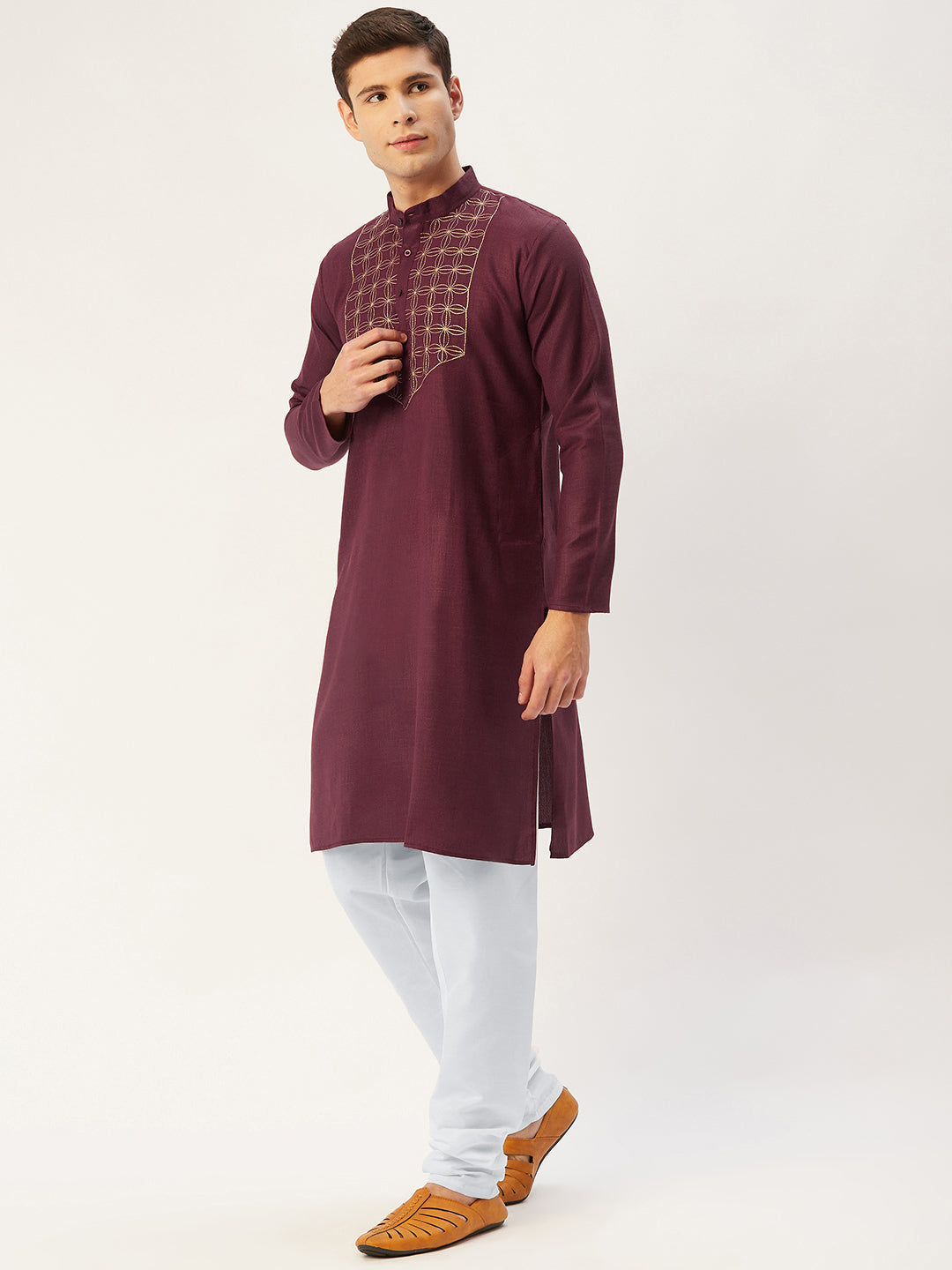 Jompers Men's Maroon Cotton Embroidered Kurta Only | Grocsy