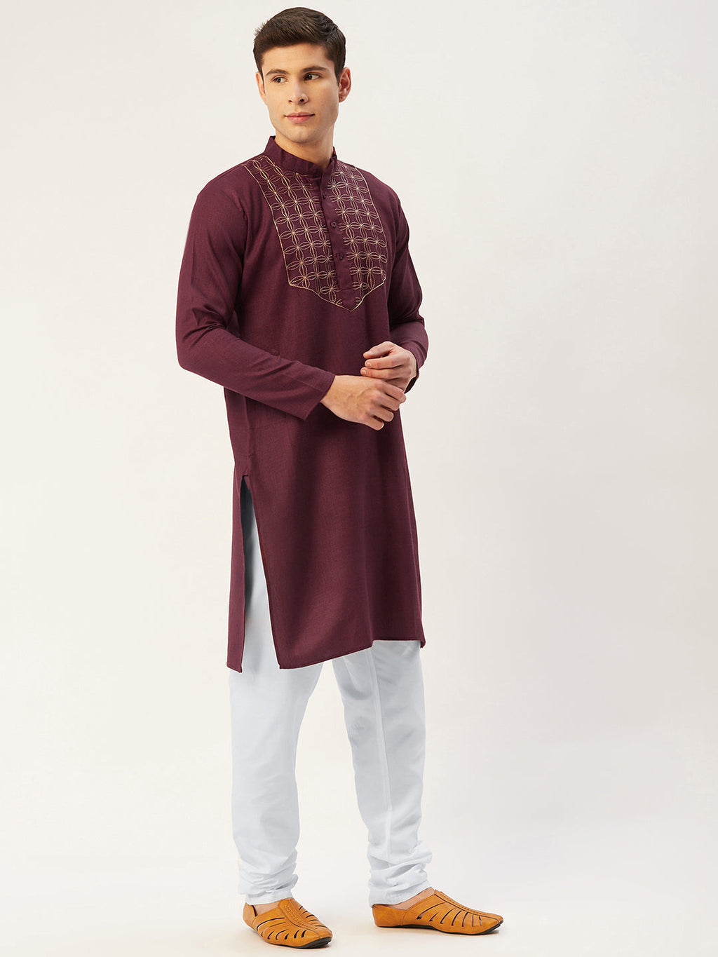 Jompers Men's Maroon Cotton Embroidered Kurta Only | Grocsy