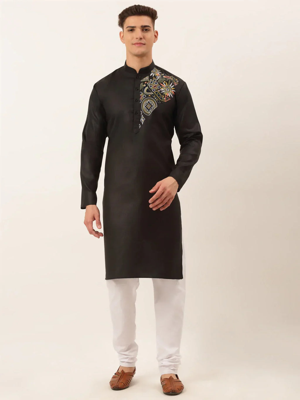 Jompers Men's Cotton Embroidered Kurta Pajama Sets - Black | Grocsy