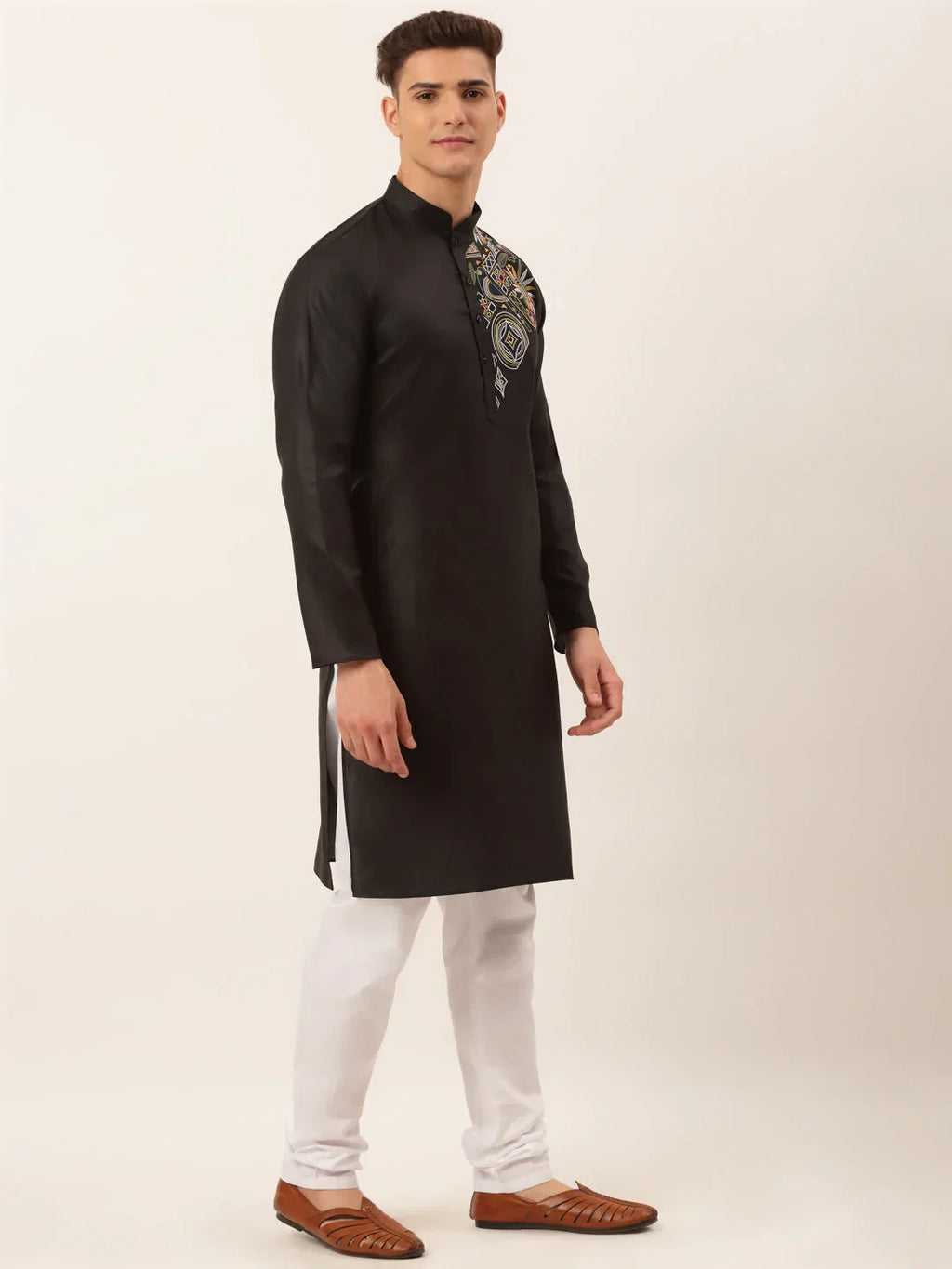 Jompers Men's Cotton Embroidered Kurta Pajama Sets - Black | Grocsy