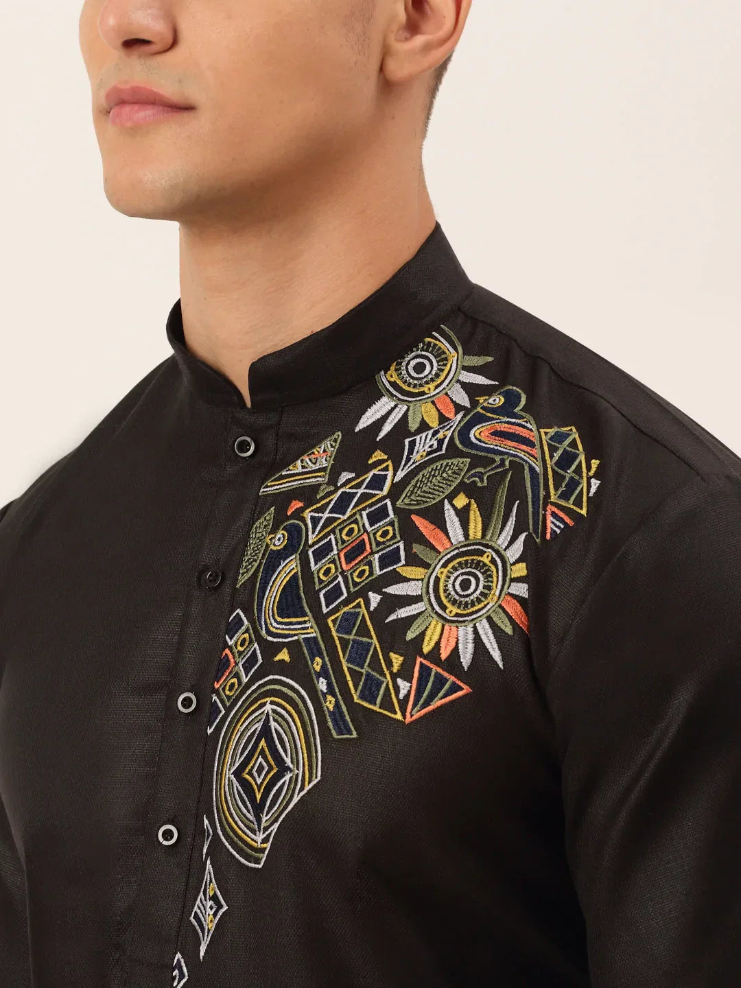 Jompers Men's Cotton Embroidered Kurta Pajama Sets - Black | Grocsy
