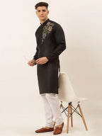 Jompers Men's Cotton Embroidered Kurta Pajama Sets - Black | Grocsy