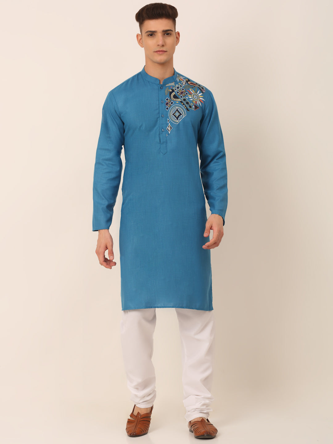 Jompers Men's Cotton Embroidered Kurta Pajama Sets - Peacock | Grocsy