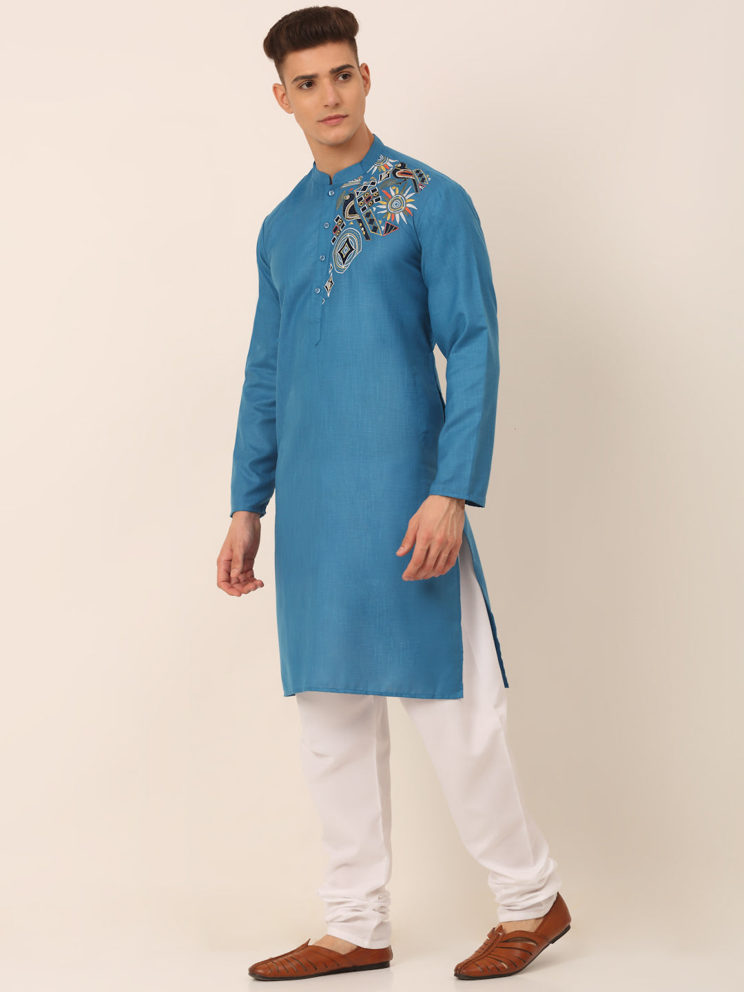 Jompers Men's Cotton Embroidered Kurta Pajama Sets - Peacock | Grocsy