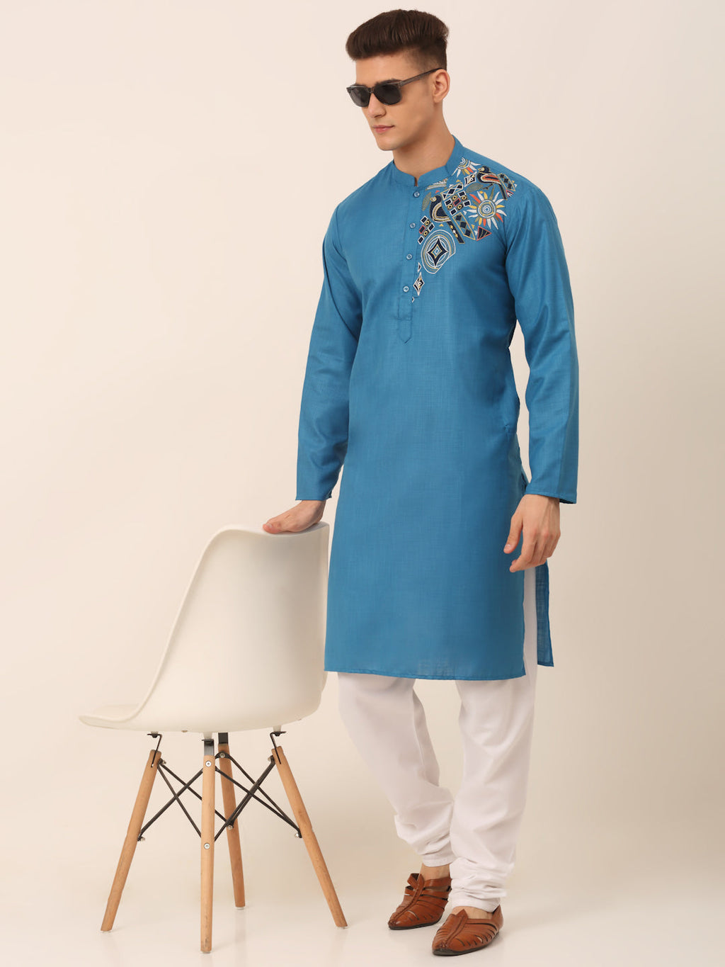 Jompers Men's Cotton Embroidered Kurta Pajama Sets - Peacock | Grocsy