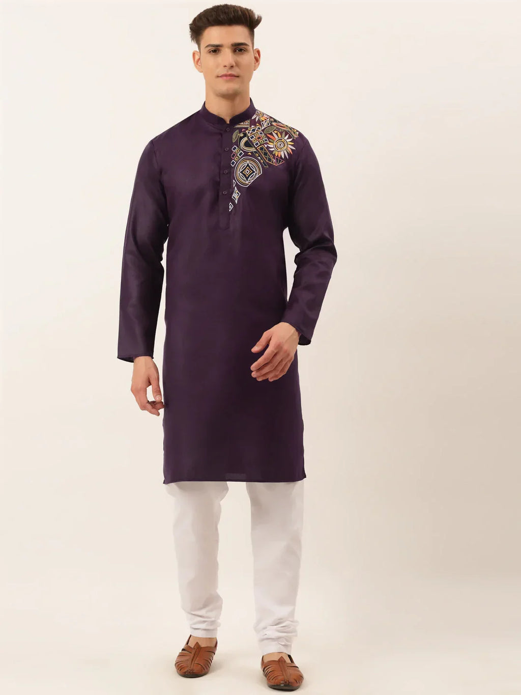 Jompers Men's Cotton Embroidered Kurta Pajama Sets - Purple | Grocsy