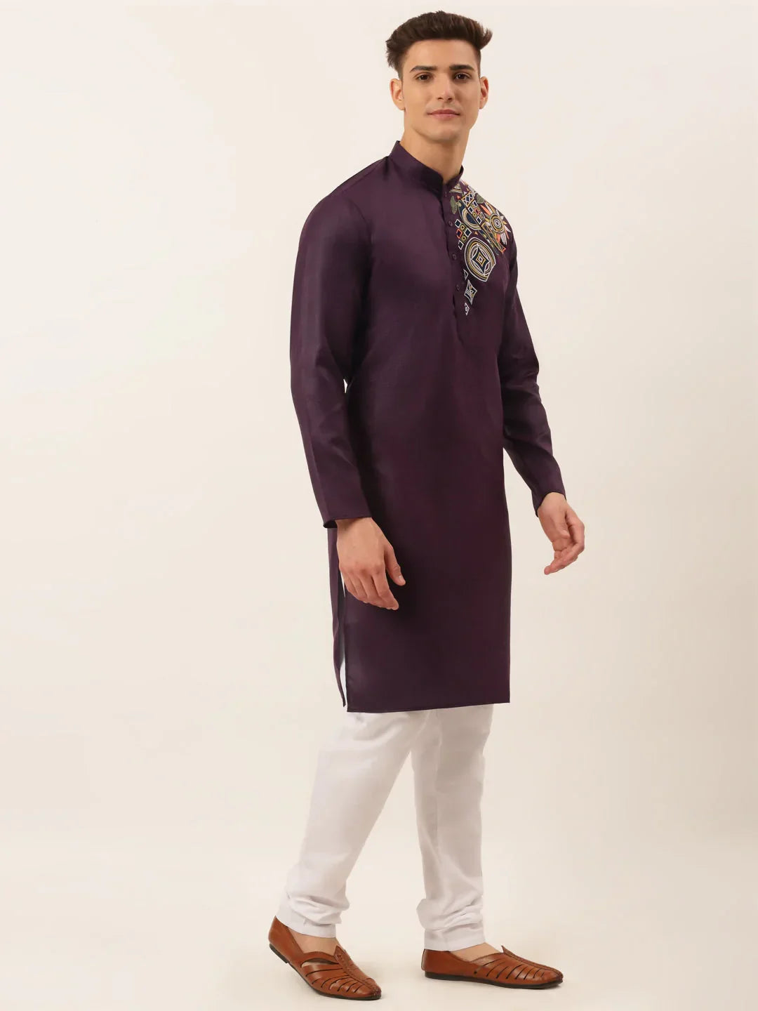 Jompers Men's Cotton Embroidered Kurta Pajama Sets - Purple | Grocsy