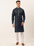 Jompers Men's Cotton Embroidered Kurta Pajama Sets - Navy Blue | Grocsy