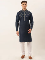 Jompers Men's Cotton Embroidered Kurta Pajama Sets - Navy Blue | Grocsy
