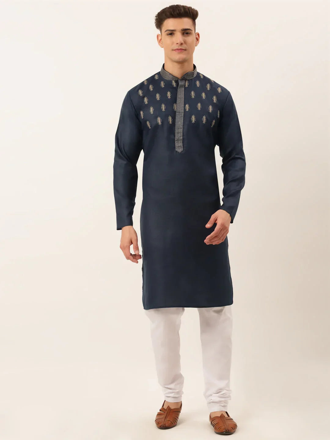 Jompers Men's Cotton Embroidered Kurta Pajama Sets - Navy Blue | Grocsy