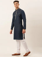 Jompers Men's Cotton Embroidered Kurta Pajama Sets - Navy Blue | Grocsy