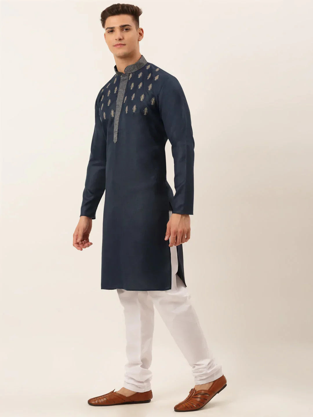 Jompers Men's Cotton Embroidered Kurta Pajama Sets - Navy Blue | Grocsy
