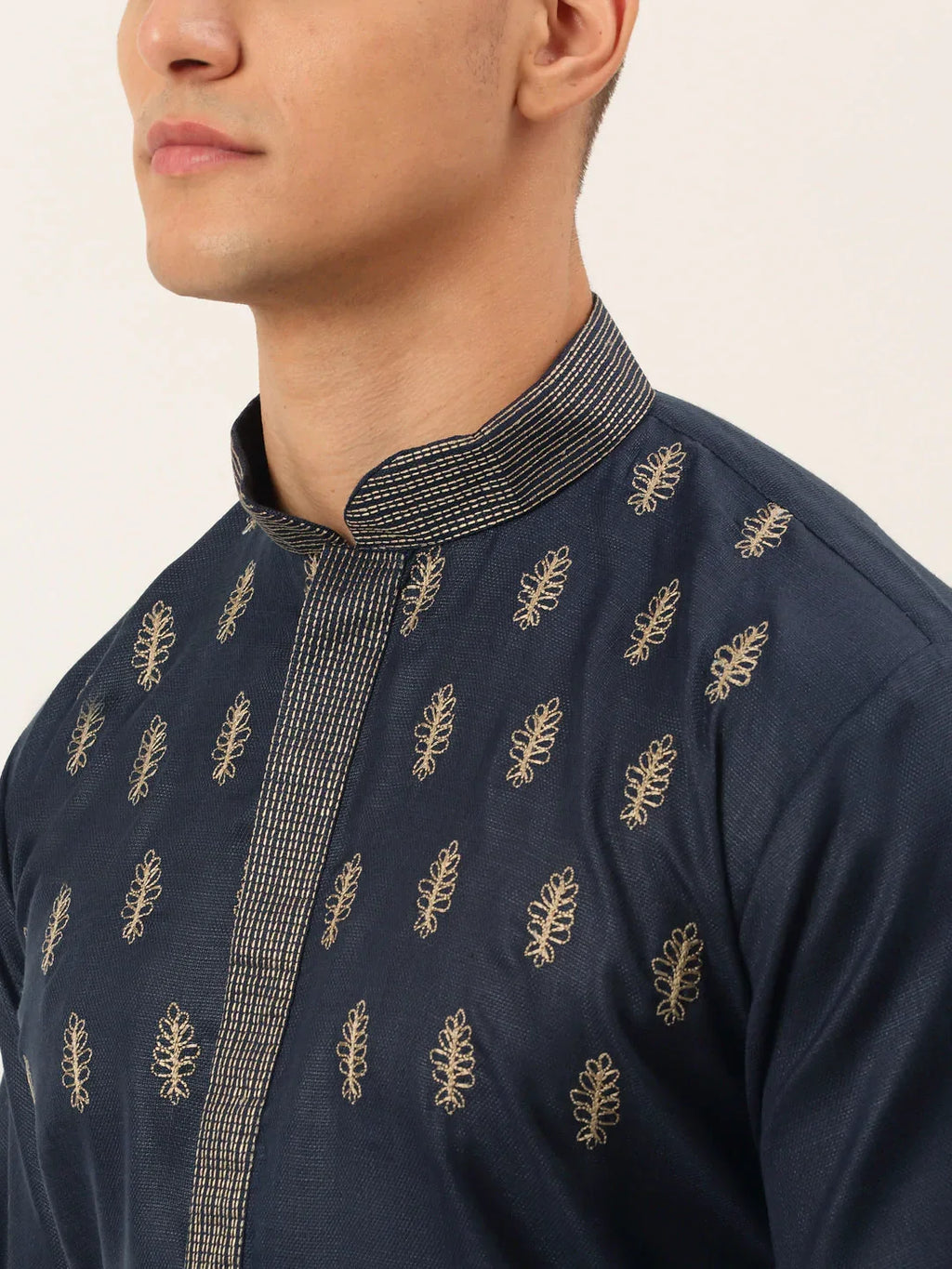 Jompers Men's Cotton Embroidered Kurta Pajama Sets - Navy Blue | Grocsy