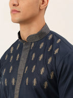 Jompers Men's Cotton Embroidered Kurta Pajama Sets - Navy Blue | Grocsy