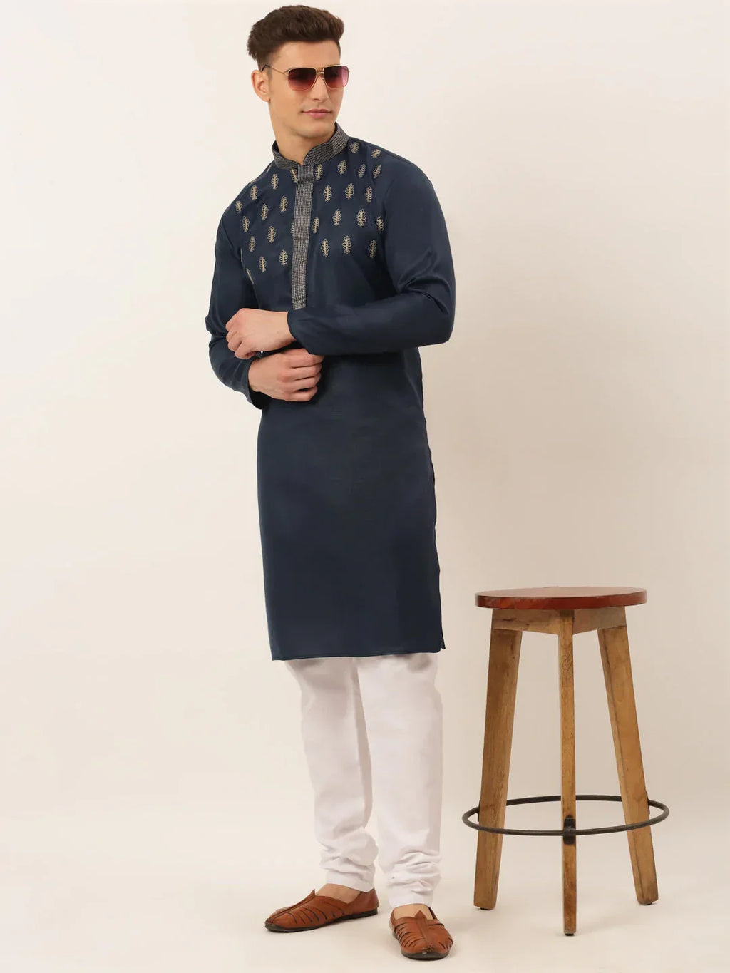 Jompers Men's Cotton Embroidered Kurta Pajama Sets - Navy Blue | Grocsy