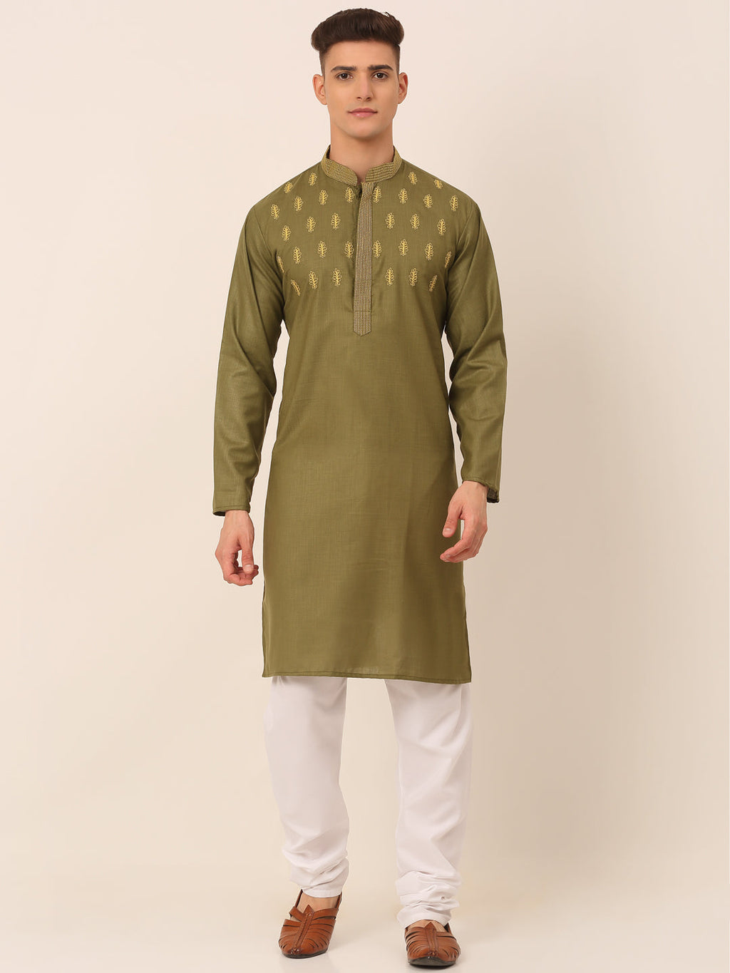Jompers Men's Olive Green Embroidered Kurta Pajama Sets | Grocsy