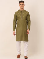 Jompers Men's Olive Green Embroidered Kurta Pajama Sets | Grocsy