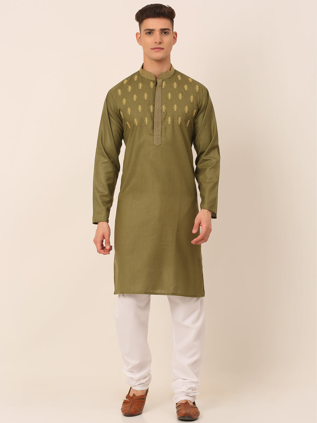 Jompers Men's Olive Green Embroidered Kurta Pajama Sets | Grocsy
