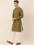 Jompers Men's Olive Green Embroidered Kurta Pajama Sets | Grocsy