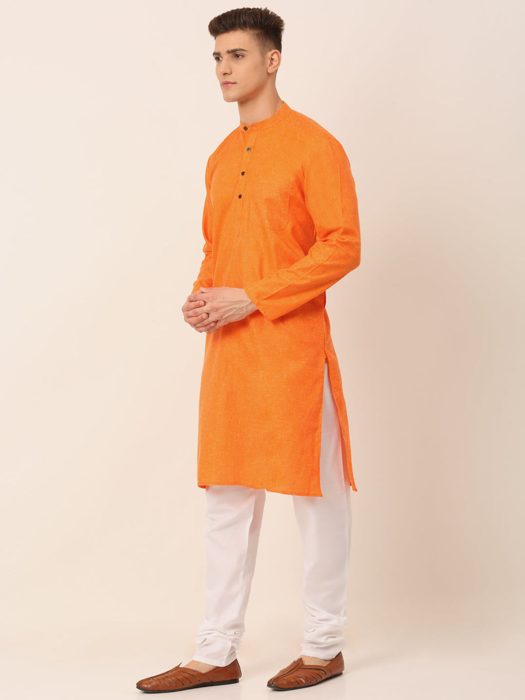 Jompers Men's Cotton Solid Kurta Pajama Sets - Orange | Grocsy
