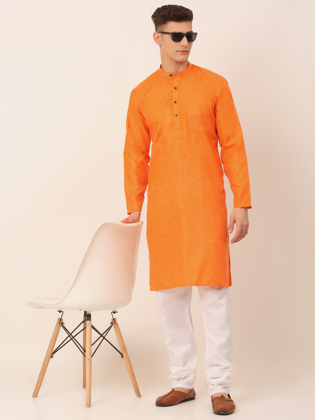 Jompers Men's Cotton Solid Kurta Pajama Sets - Orange | Grocsy