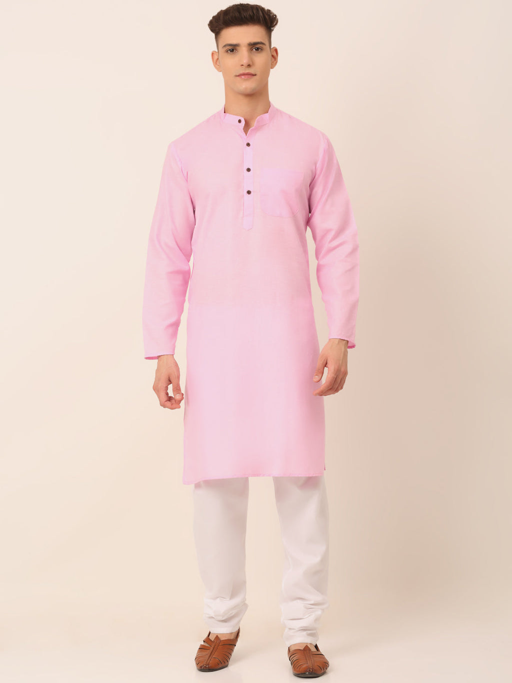 Jompers Men's Cotton Solid Kurta Pajama Sets - Pink | Grocsy