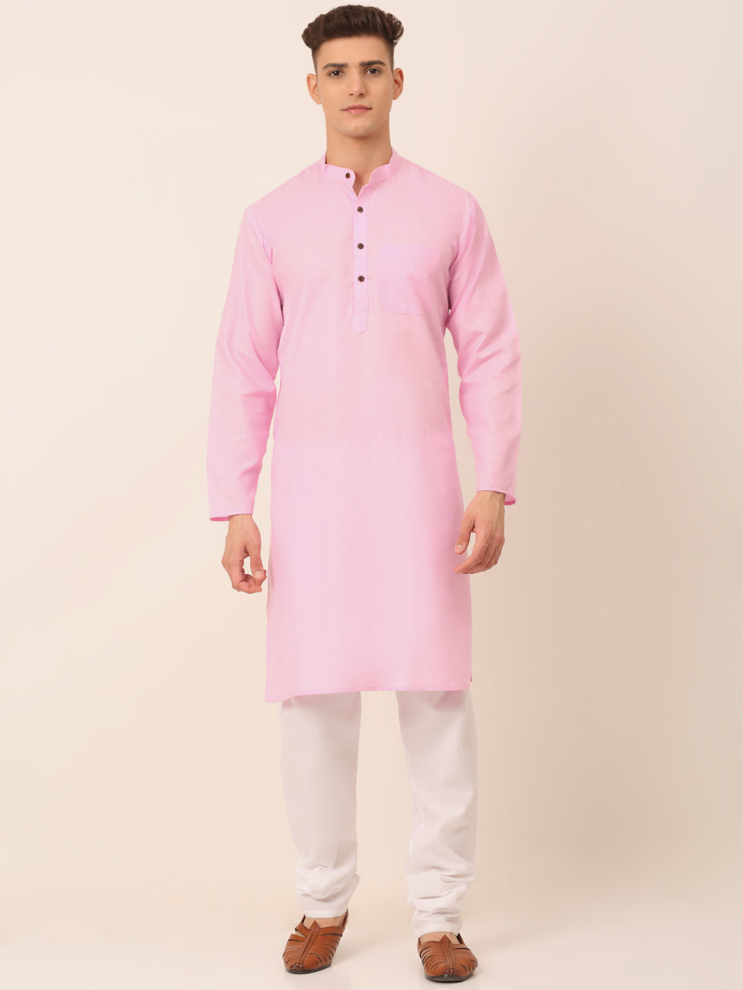 Jompers Men's Cotton Solid Kurta Pajama Sets - Pink | Grocsy