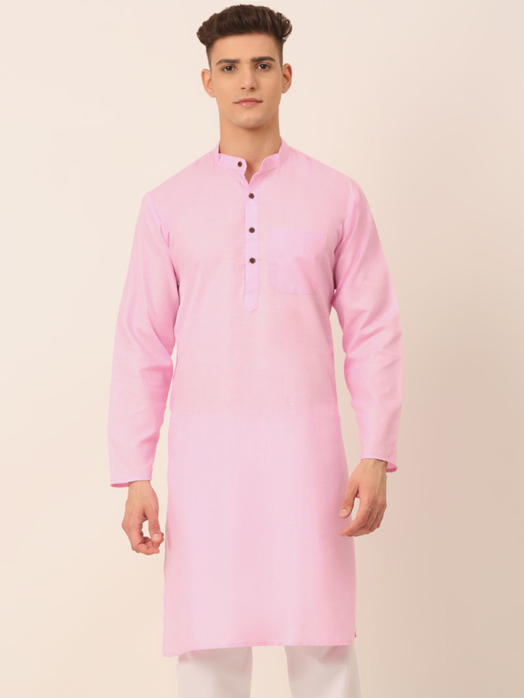 Jompers Men's Cotton Solid Kurta - Pink | Grocsy