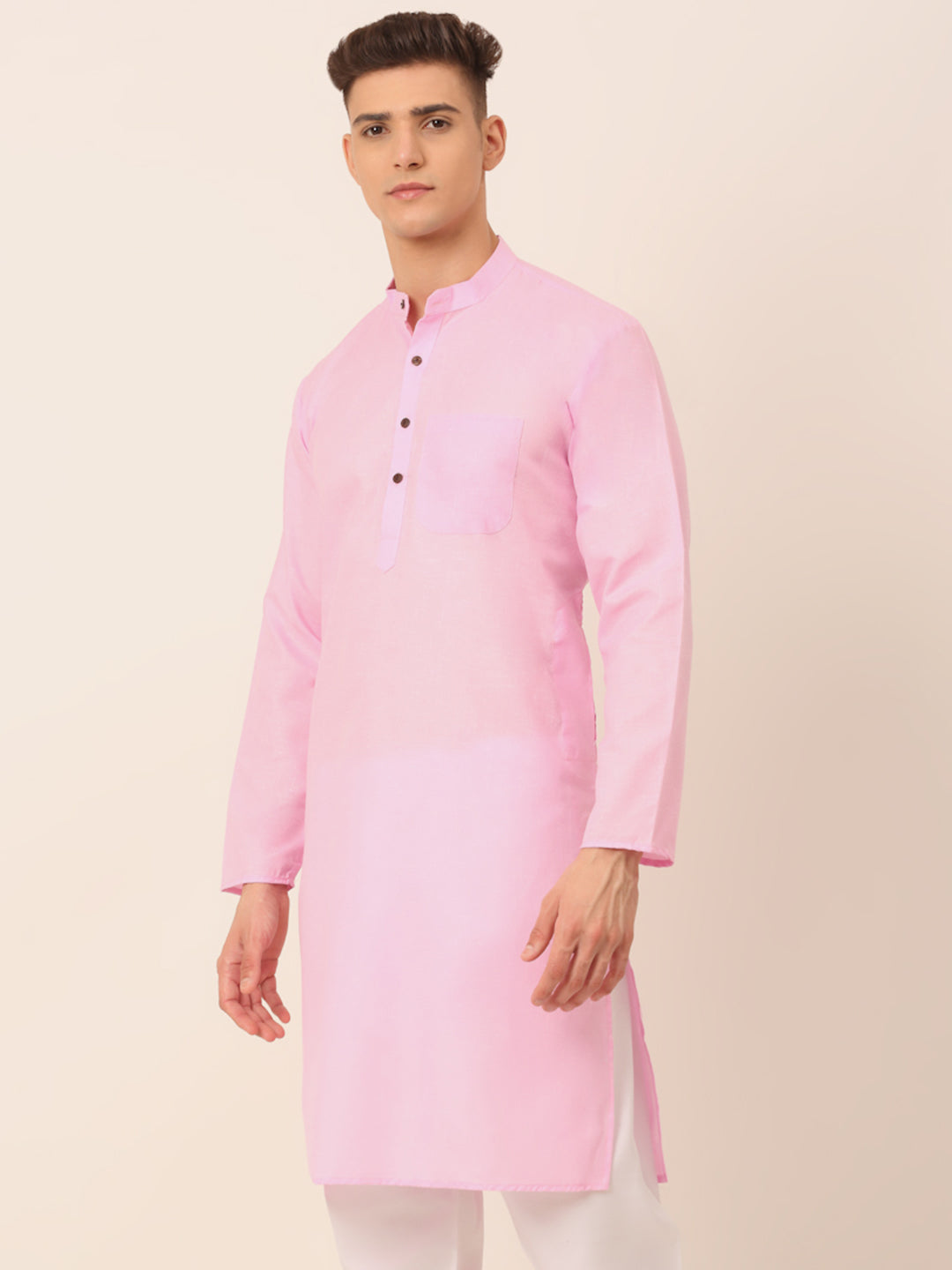 Jompers Men's Cotton Solid Kurta - Pink | Grocsy