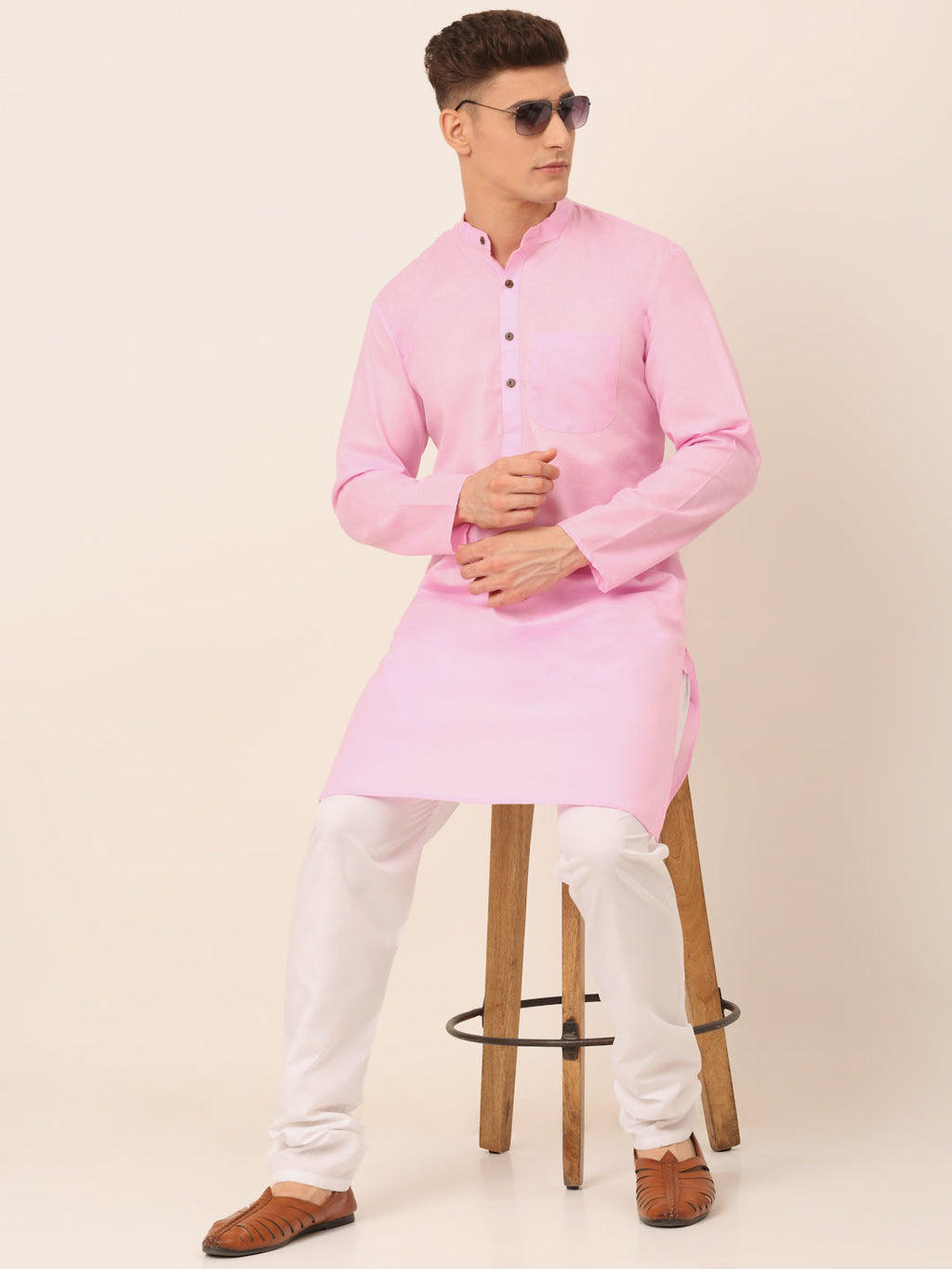 Jompers Men's Cotton Solid Kurta Pajama Sets - Pink | Grocsy