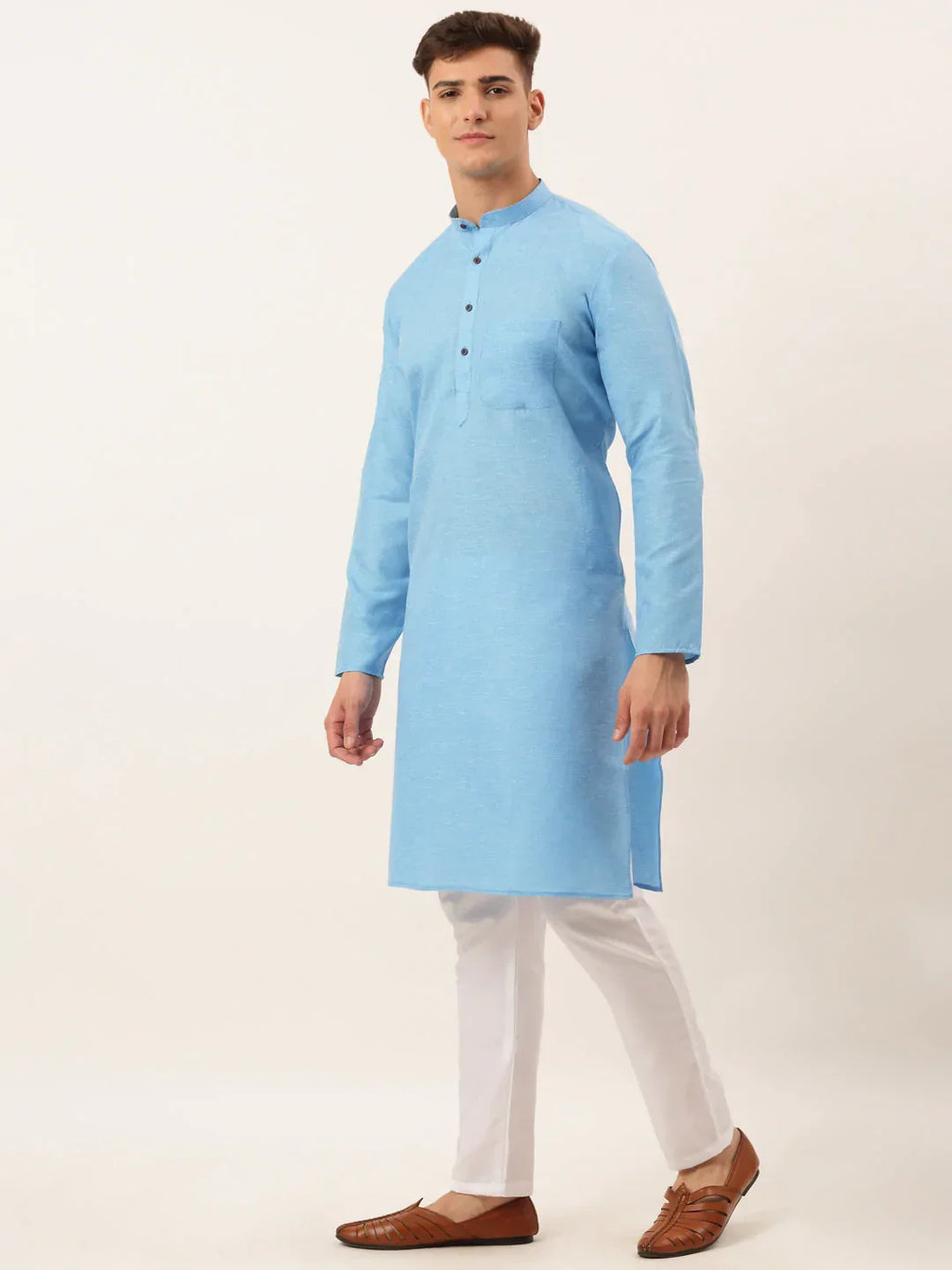 Jompers Men's Cotton Solid Kurta Pajama Set - Sky Blue | Grocsy