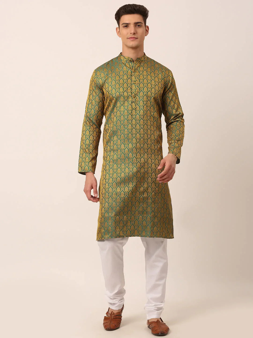 Jompers Men's Woven Design Jacquard Kurta Pyjama - Green | Grocsy