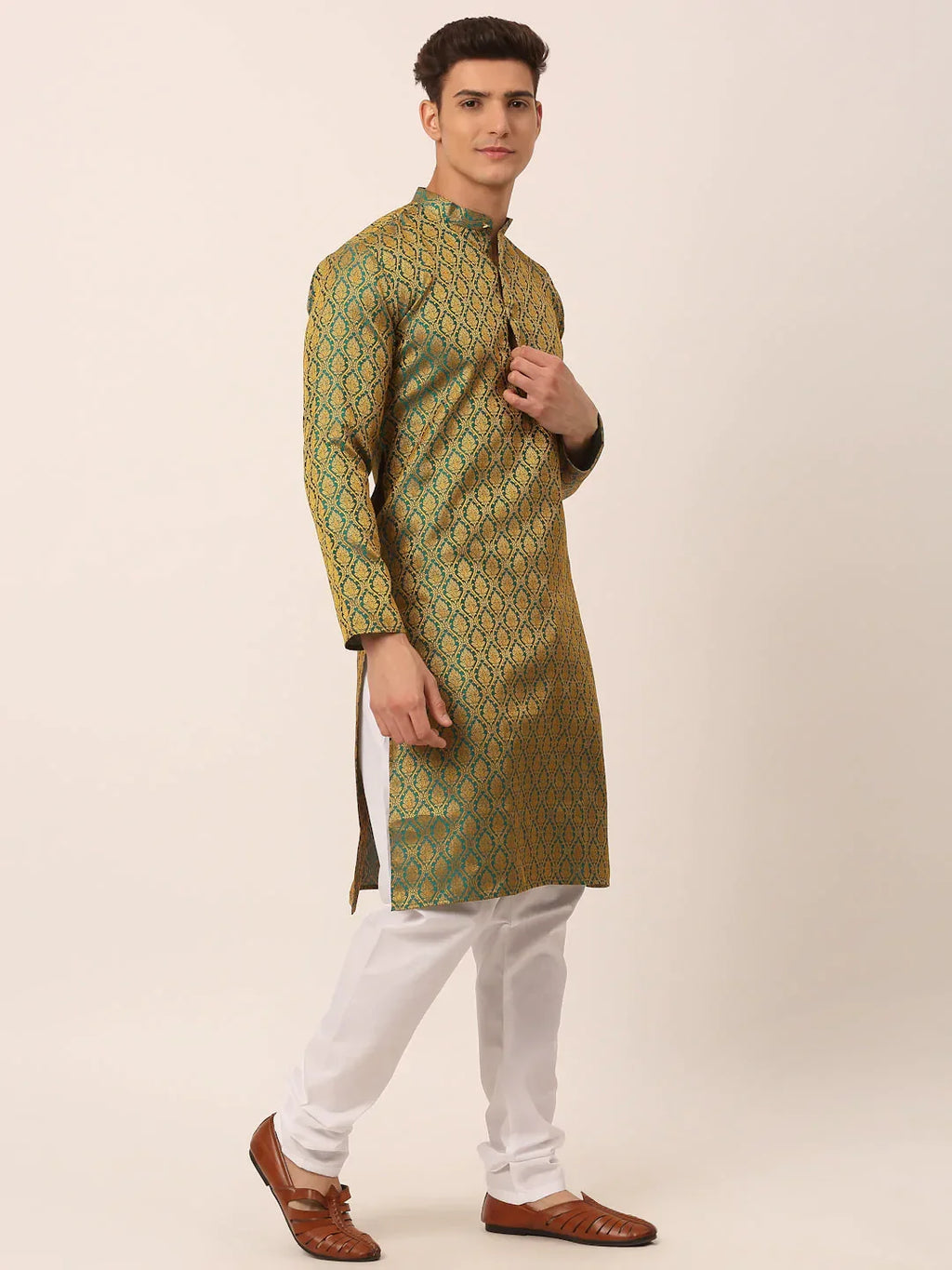 Jompers Men's Woven Design Jacquard Kurta Pyjama - Green | Grocsy