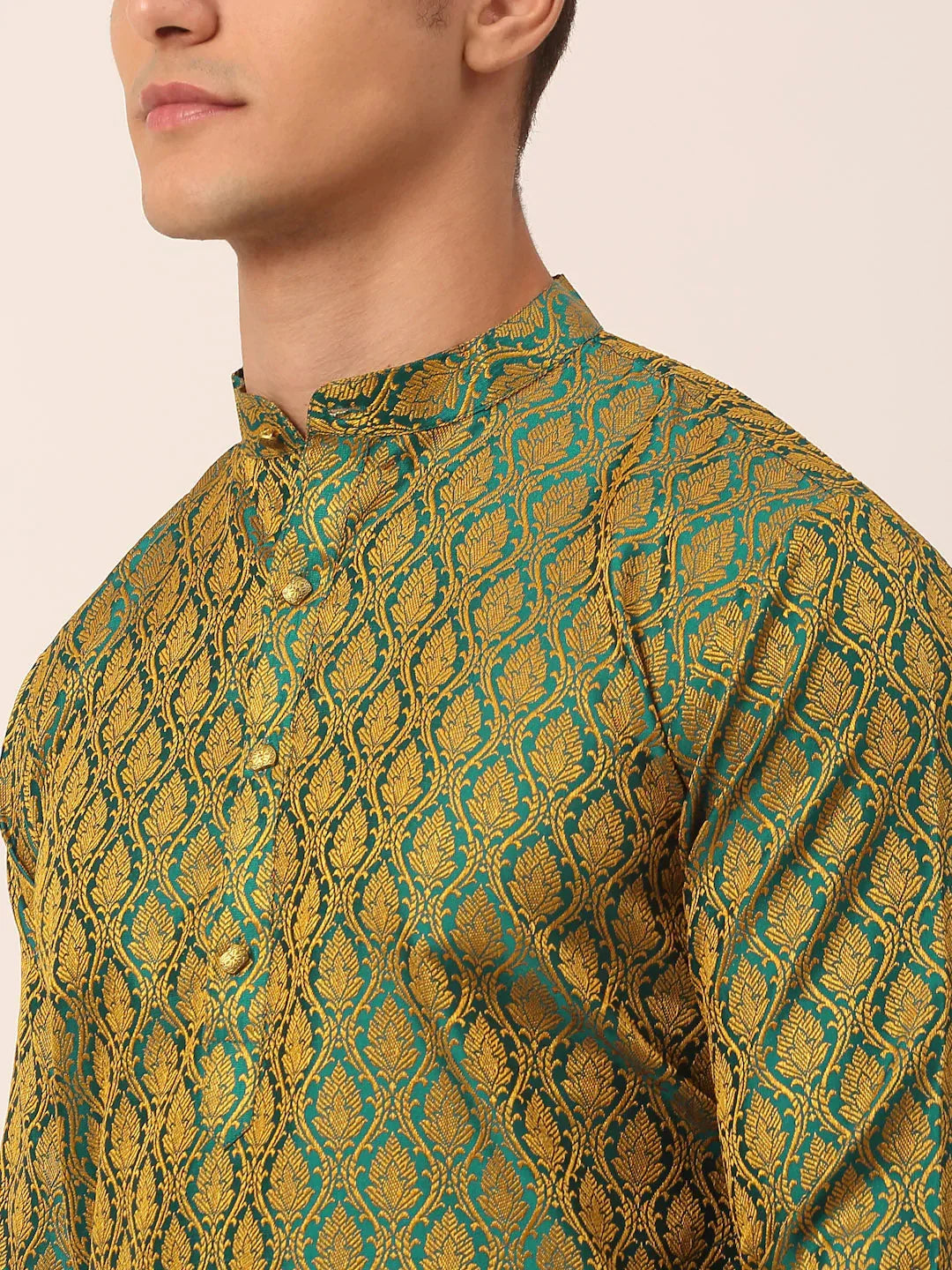 Jompers Men's Woven Design Jacquard Kurta Pyjama - Green | Grocsy