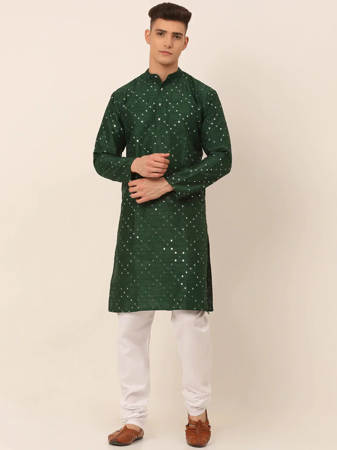 Jompers Men's Green Mirror Work Kurta Pyjama | Grocsy