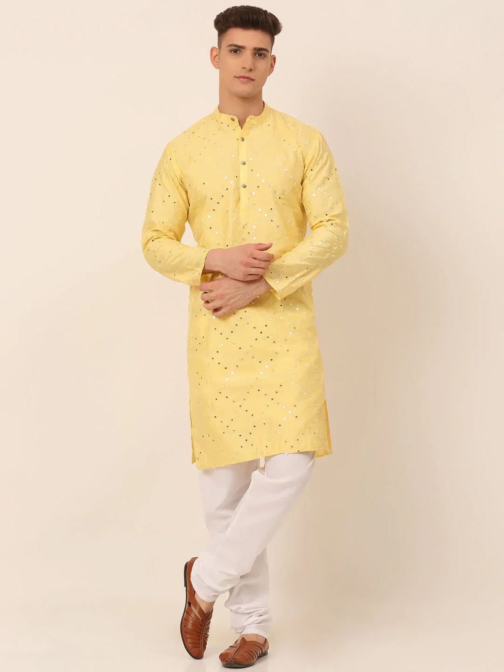 Jompers Men's Lemon Mirror Work Kurta Pyjama | Grocsy