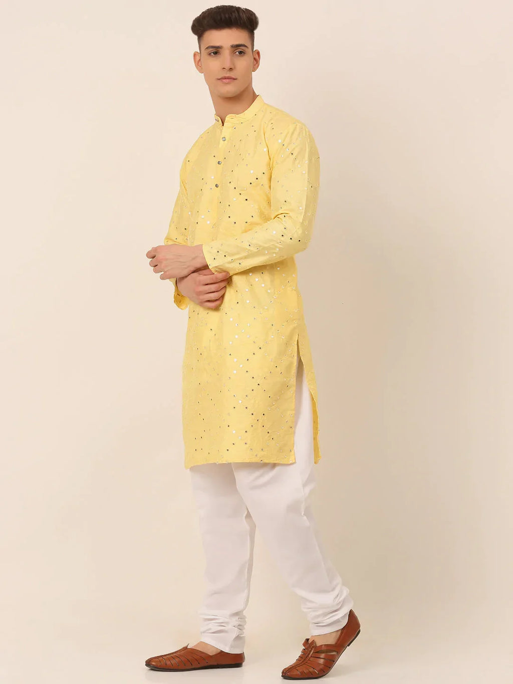 Jompers Men's Lemon Mirror Work Kurta Pyjama | Grocsy