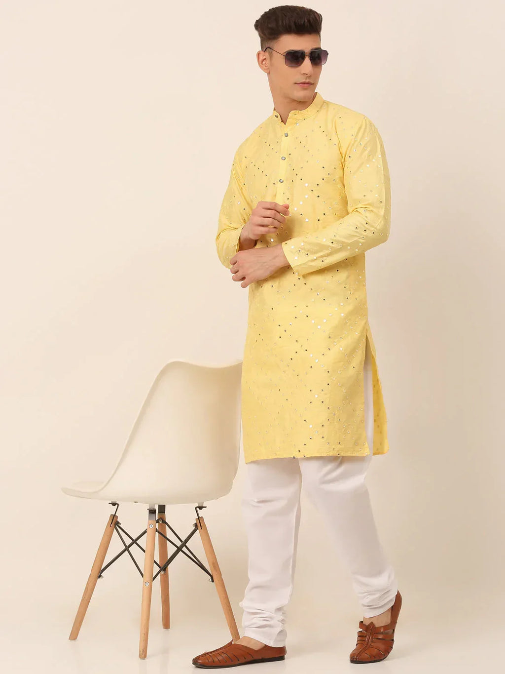 Jompers Men's Lemon Mirror Work Kurta Pyjama | Grocsy