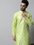 Jompers Men's Lime Green Embroidered Mirror Work Dupion Silk Kurta with Pyjamas | Grocsy