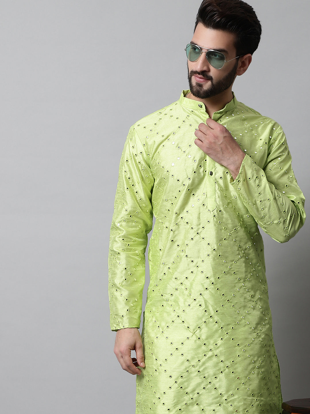 Jompers Men's Lime Green Embroidered Mirror Work Dupion Silk Kurta with Pyjamas | Grocsy