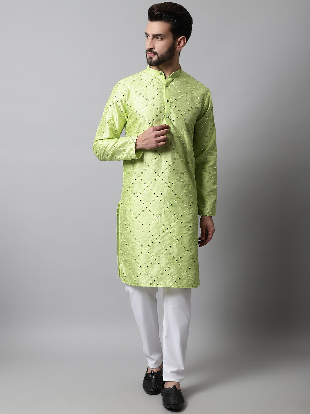Jompers Men's Lime Green Embroidered Mirror Work Dupion Silk Kurta with Pyjamas | Grocsy