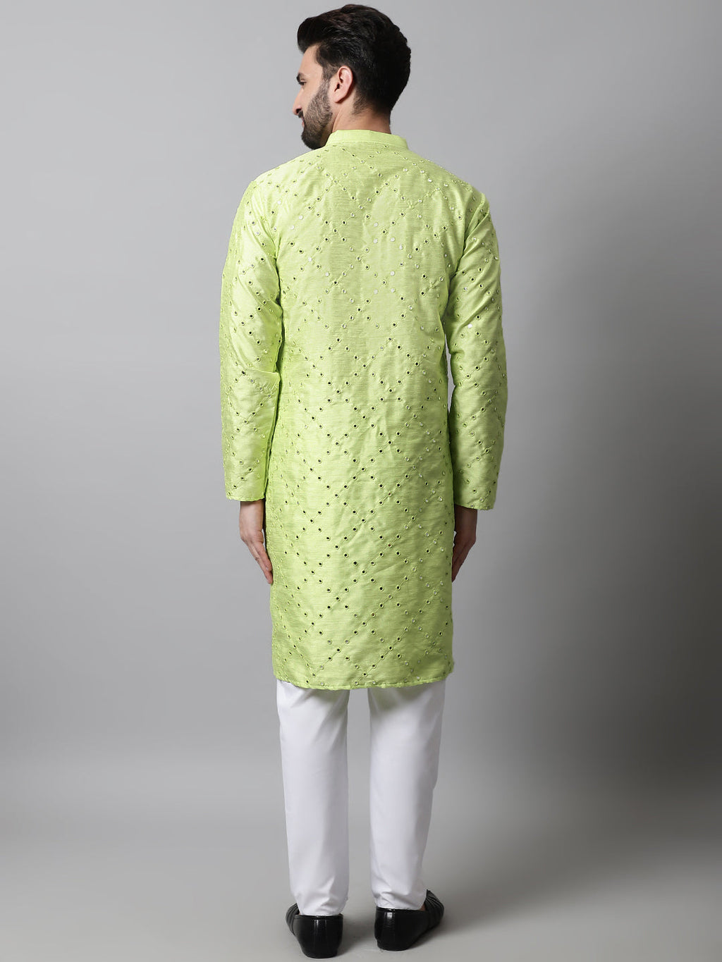 Jompers Men's Lime Green Embroidered Mirror Work Dupion Silk Kurta with Pyjamas | Grocsy