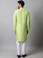 Jompers Men's Lime Green Embroidered Mirror Work Dupion Silk Kurta with Pyjamas | Grocsy