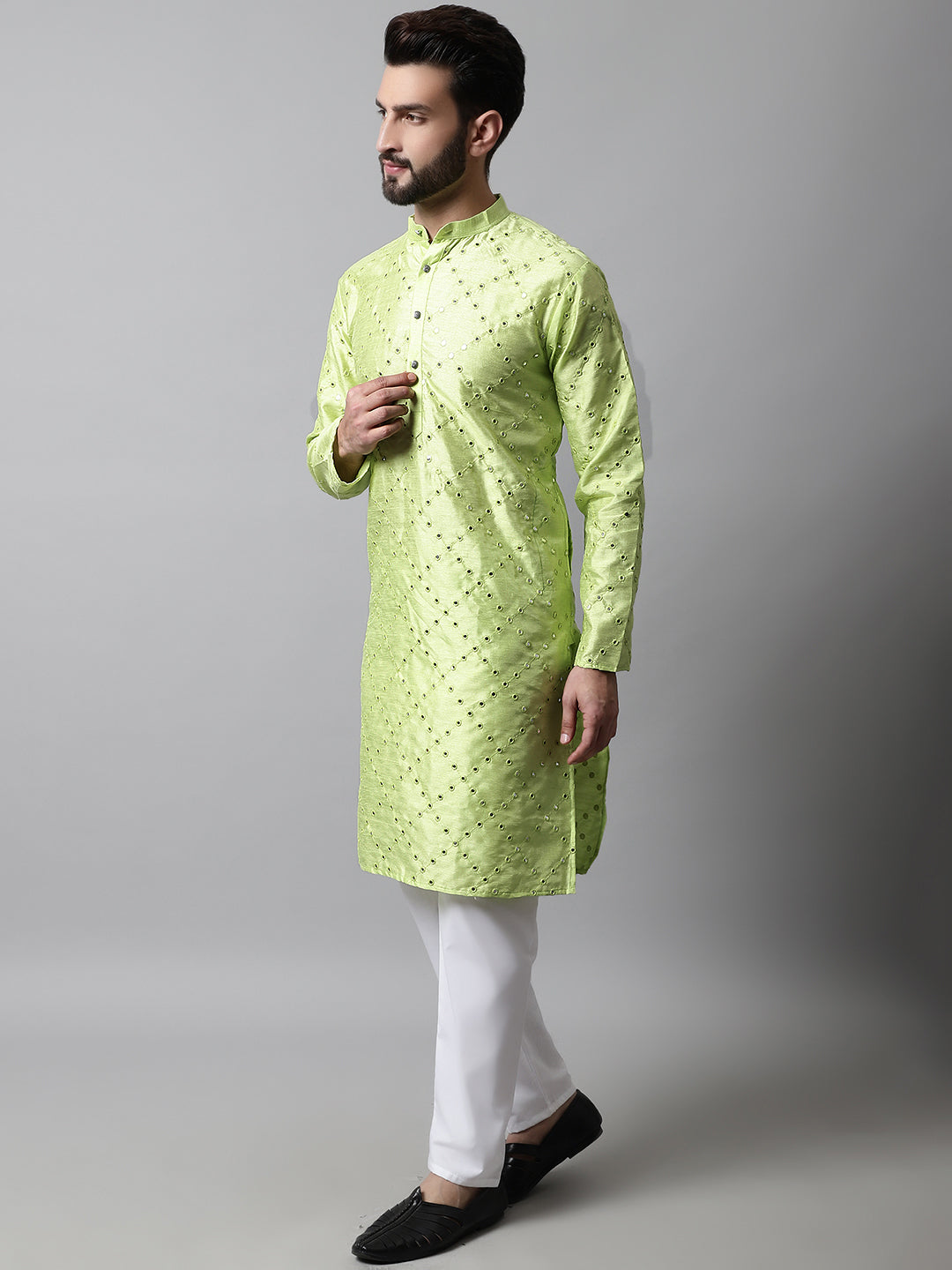 Jompers Men's Lime Green Embroidered Mirror Work Dupion Silk Kurta with Pyjamas | Grocsy
