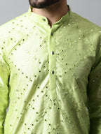 Jompers Men's Lime Green Embroidered Mirror Work Dupion Silk Kurta with Pyjamas | Grocsy