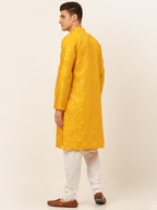 Jompers Men's Dupion Silk Embroidered Kurta Pyjama Set - Mustard | Grocsy